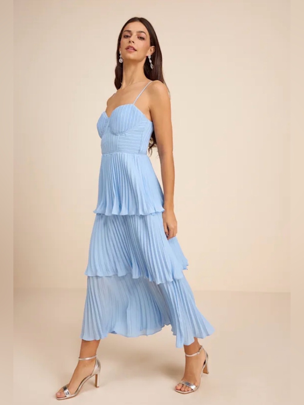 Lulu's Cascading Crush Light Blue Tiered Pleated Midi Dress - Picture 3 of 5